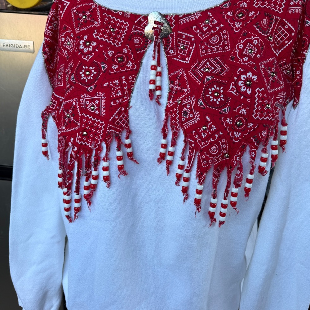Hanes White Sweater with Red Bandana Yoke and Beaded Fringe